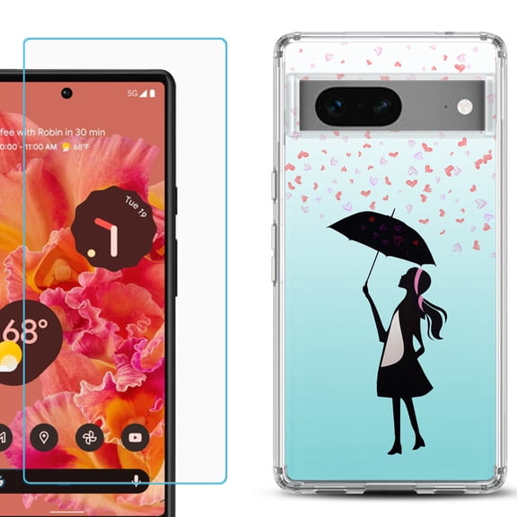 Slim-Fit Gel TPU Phone Case for Google Pixel 7, with Tempered Glass Screen Protector, by OneToughShield - Rain/Hearts