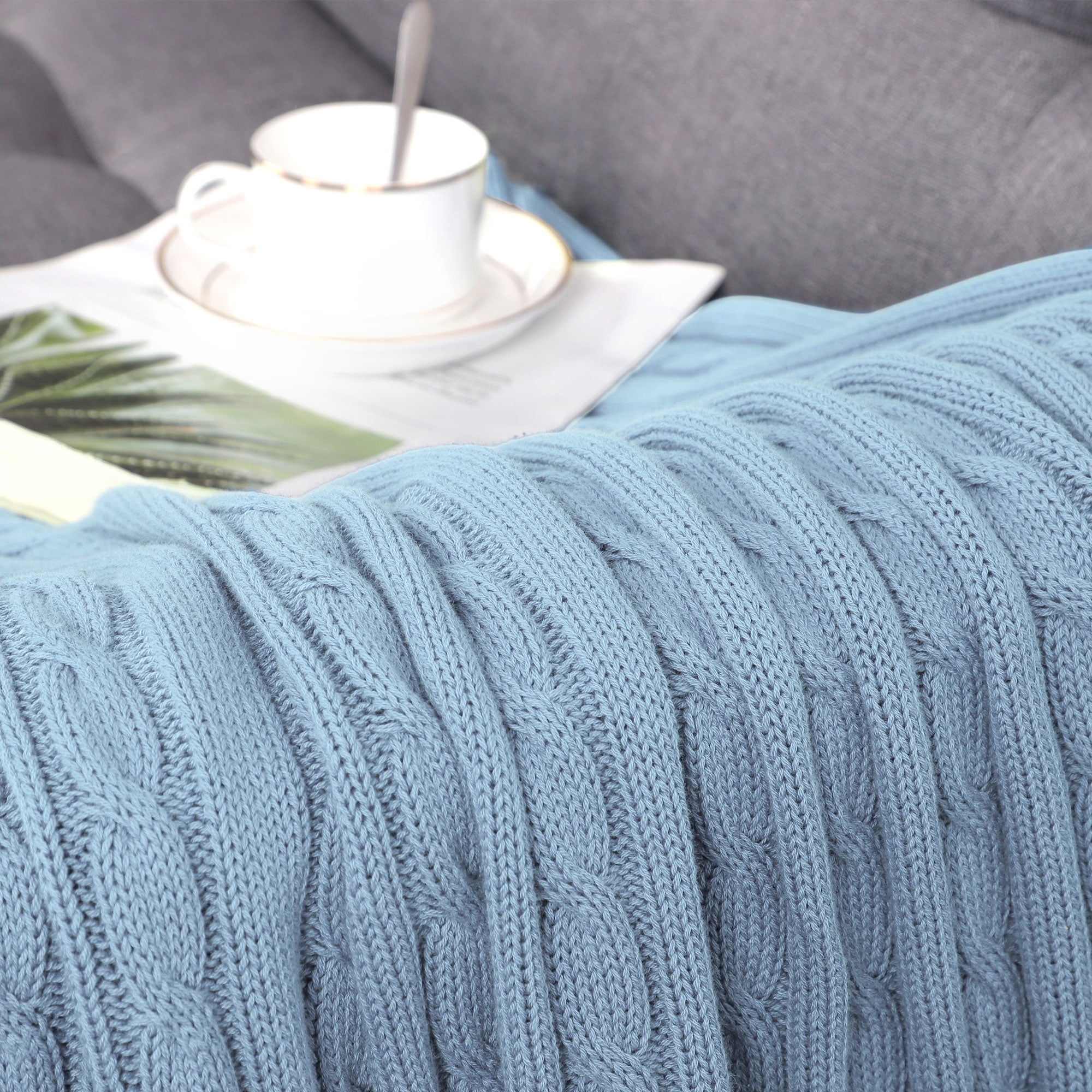 Unique Bargains 100% Cotton Cable Knit Throw Bed Blanket Columbia Blue 51" x 59"
