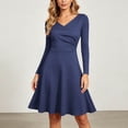 thumbnail image 5 of ChaoHeng Womens Dresses Summer Solid V Neck Long Sleeve A Line Faux Wrap Flare Knee Length Casual for Navy S, 5 of 9
