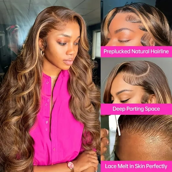 TopLLC Wigs Glueless Brown Mixed Blonde Highlights Loose Wave Long Wig toupee membrane