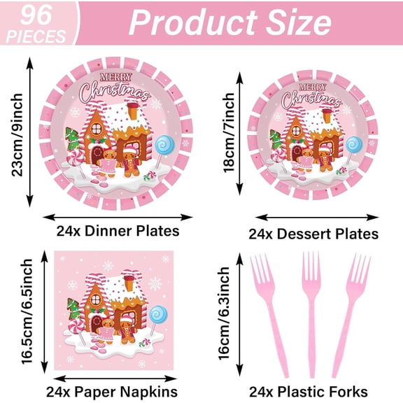 YUYAN-96 Pcs Christmas Gingerbread Party Supplies - Pink Gingerbread House Decorations, Paper Plates, Dinnerware, Serves 24