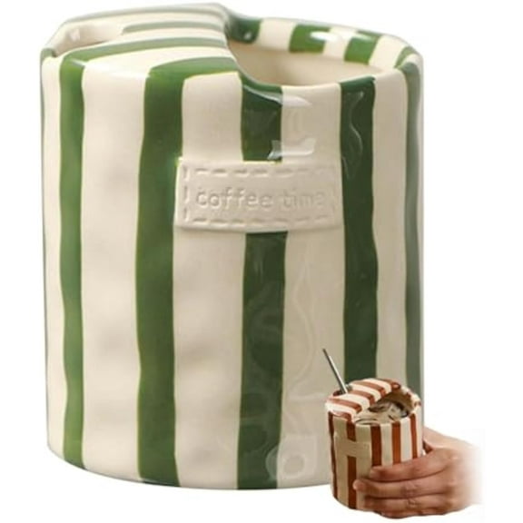 Retro Striped Hand-Painted Ceramic Mark Hand-Held Cup, Retro Hand Painted Ceramic, Hand-Painted Striped Coffees Mug, Coffee Cup with Mark, Heat-Resistant Non-Slip, for Coffee (Green)