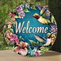 1pc Round Spring Metal Tin Sign Welcome Hummingbird Vintage Metal Signs Rustic Flowers Wall Decor for Home Porch Living Room Greenhouse Farmhouse Yard Garden Indoor Outdoor 8 Inch Metal Sign Wall Deco