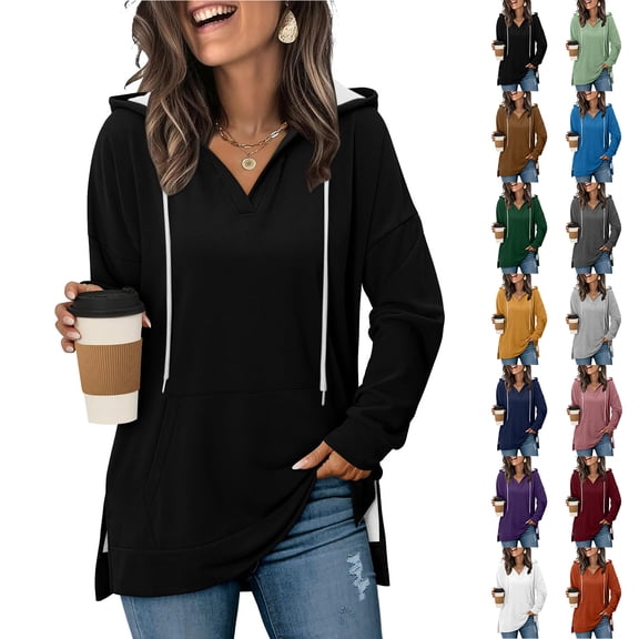 Otntypg Long Sleeve Tunic Hoodies for Women Fashion Split Hem Drawstring Casual Solid Color V Neck Long Sleeve Hooded Pullover Sweatshirts Tops with Pockets Gray#01 L