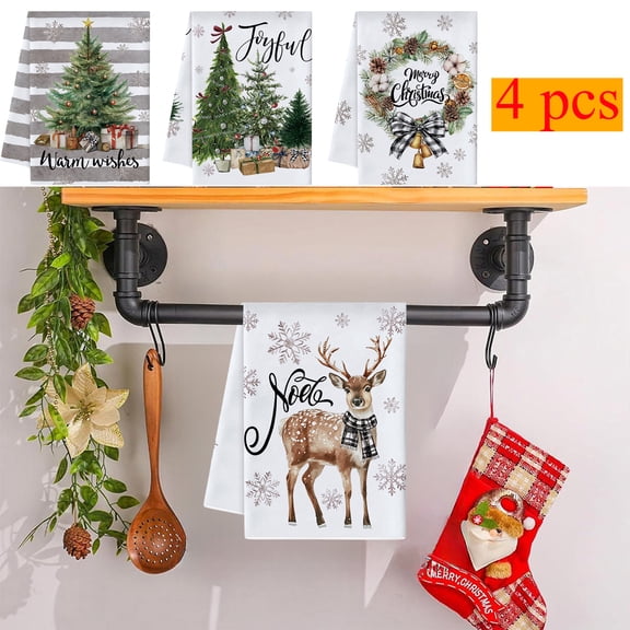 KOYPTL 4 Pcs Christmas Kitchen Towels and Dishcloths Winter Soft Hand Towels Absorbent Christmas Tree Reindeer Dish Towels with Gray Strips Christmas Decorations for Bathroom Home Decoe Gifts