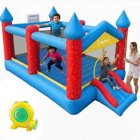 JoyBerri Bouncy House Inflatable for Kids and Adults 16.8 x 8.9 Ft with Slide, Basketball Hoop, Volleyball Net & Air Blower – Outdoor Backyard Bounce House for Parties, Birthdays & Fun