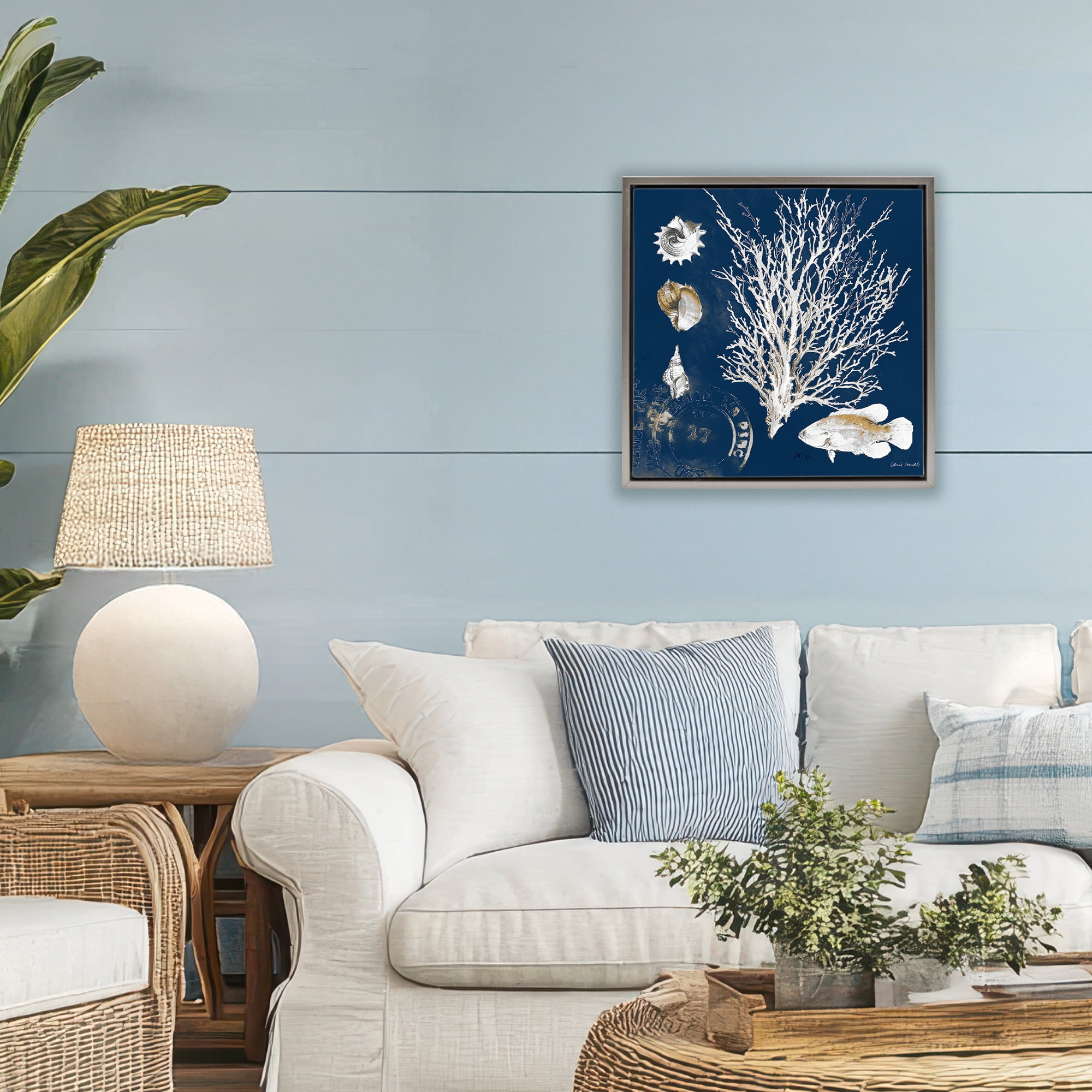 Stupell Industries Coral Medley on Navy Gray Framed Floater Canvas Wall Art, design by Lanie Loreth