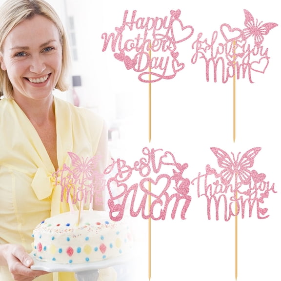 EaseDay Happy Mothers Day Cupcake Topper, Flower Pink Foil Shape Mothers Day Cake Picks, Best Mom Ever Love You Mom Cake Sticks Decorations, 1 Piece