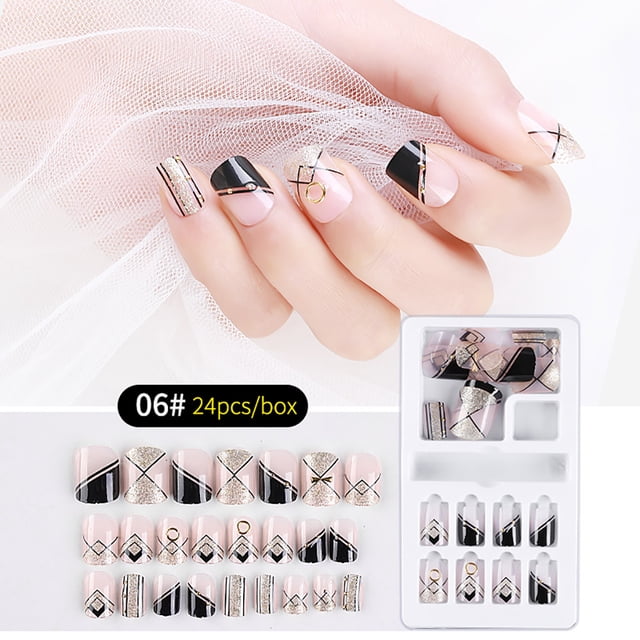 Uñas postizas reutilizables, 24 piezas de plástico para uñas postizas, regalo para mujeres, uñas postizas adhesivas, cobertura total.