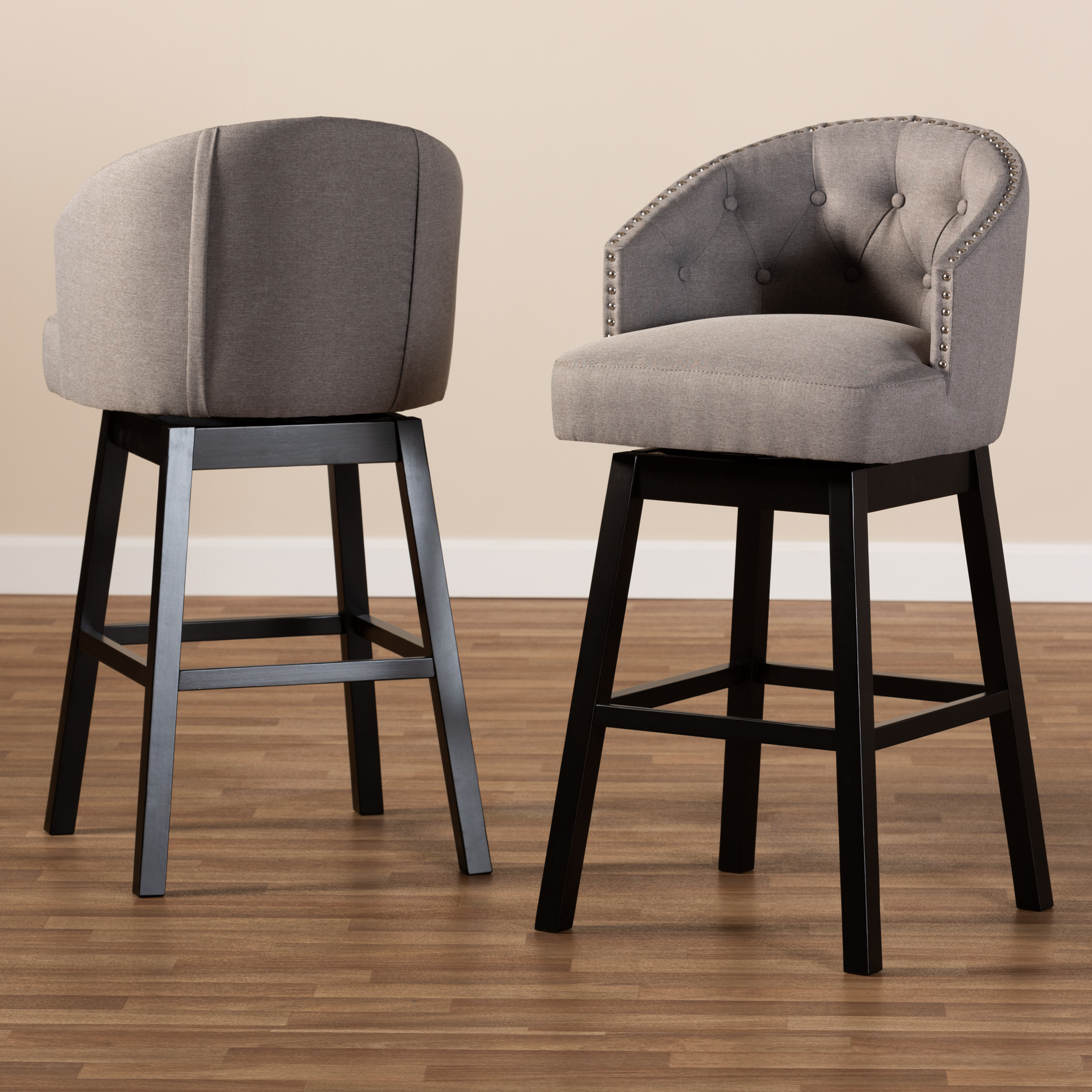 Baxton Studio Theron Transitional Gray Fabric Upholstered Wood Swivel Bar Stool Set Walmartcom Walmartcom