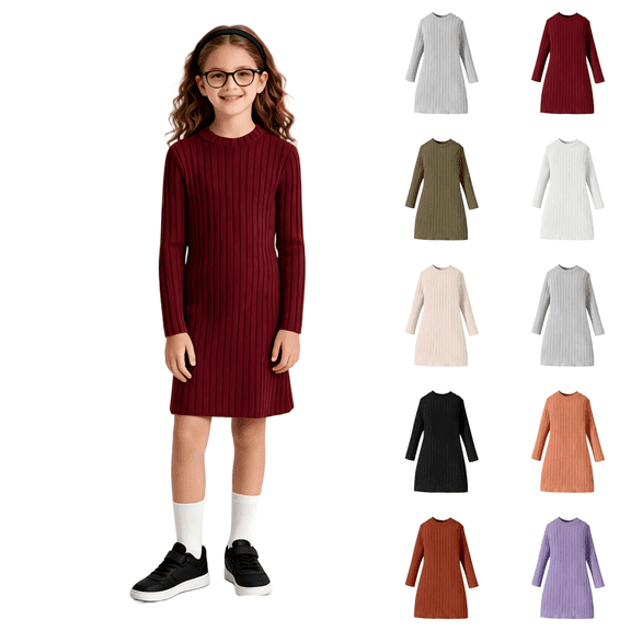 Wilark Girls Ribbed Dresses Size 10-12, Long Sleeve Soft Knit Slim Fit Casual Stretch Fall Midi Dresses for Kids Wine