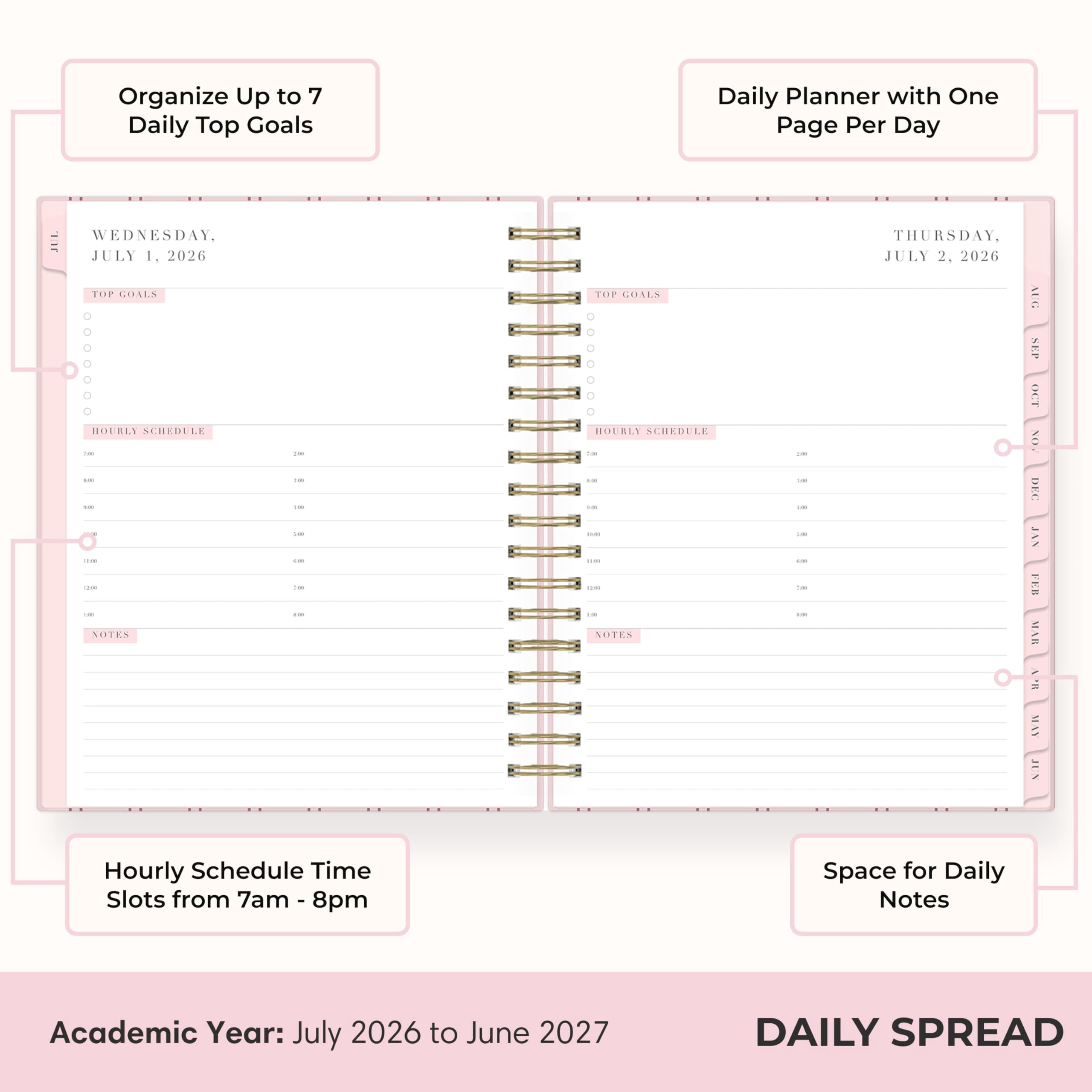 Blue Sky Rachel Parcell 2026-2027 Daily and Monthly Academic Year Planner Calendar, July 2026 - June 2027, 7" x 9", Laminated Cover, Wirebound, Storage Pocket, Includes Stickers, Laine Pink