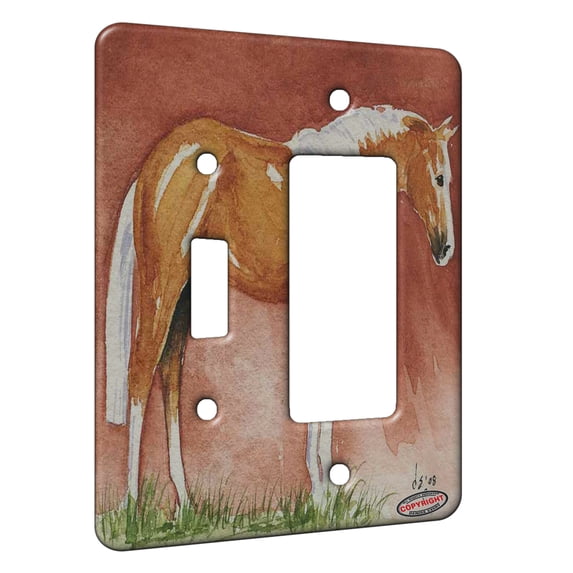 KuzmarK™ 2 Gang Single Toggle / Single Duplex Rocker Wall Plate - Palomino Thoroughbred Horse Art by Denise Every