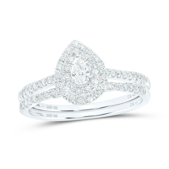 10K White Gold Pear Dia. Halo Bridal Wedding Band Set 3/8ctw, Women's Sz: 5-10