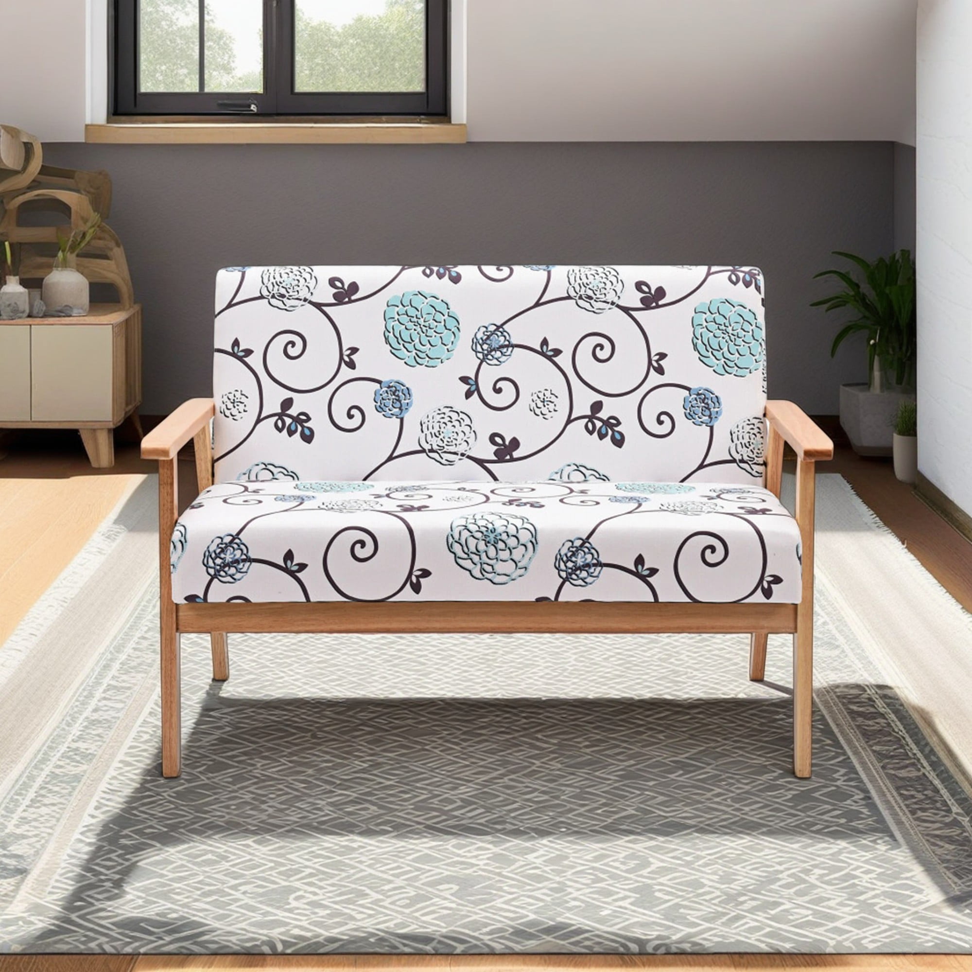 Demi Bonn Loveseat Sofa, 2 Seater Cushioned Couch for Small Spaces, Modern Fabric Upholstered Armchair, for Living Room, Bedroom, 2 seat, White & Blue