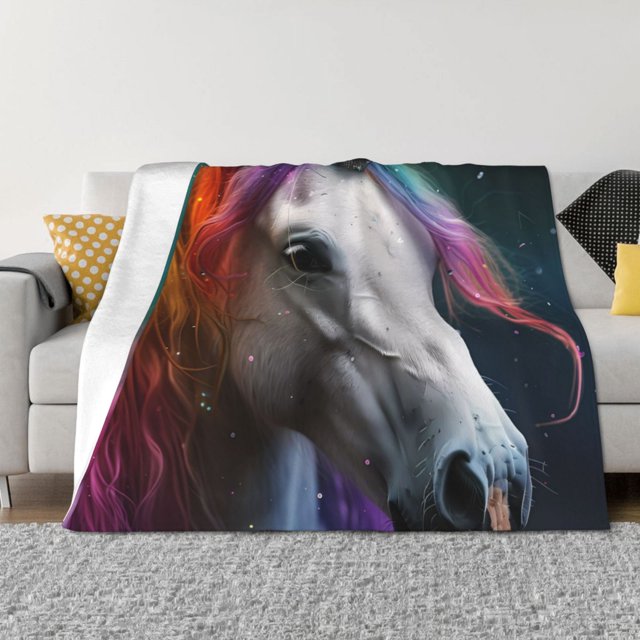 Fotbe Colorful Haired White Horse Manta de Franela con Estampado, Manta Ultrasuave para Cama, Sofá, Auto, Hipoalergénica y Antibolitas-80"x60"