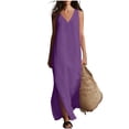 thumbnail image 2 of Qulqfy Summer Dresses for Women Cotton Linen V-Neck Plain Maxi Tank Dress Purple Flowy Casual Side Slit Pleat Vacation Sundress L, 2 of 8