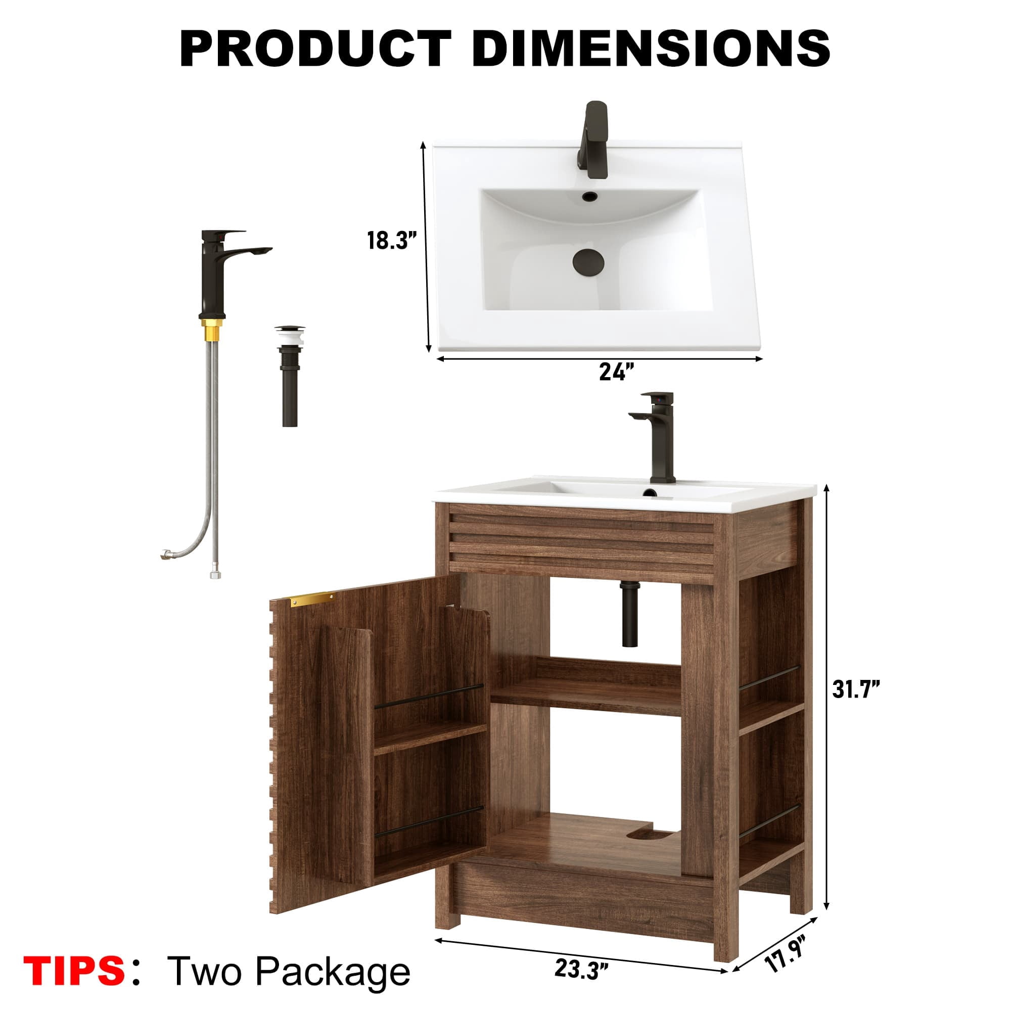 24" Bathroom Vanity Combo with Ceramic Sink & Faucet, Modern Light Oak Single Vanity Set with Fluted Door, Over-the-Door Storage Bthroom Cabinet with 2-Tier Side Shelves for Small Space