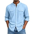 thumbnail image 2 of Cotton Blend Men Short Sleeve /Long Sleeve Button Down Shirts Solid Color Henley Collar Tshirt With Pockets, 2 of 6