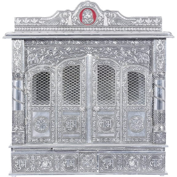 Home Pooja Wooden Mandir with White Oxidized Plated Puja Temple - Fully Assembled - 25 Inches with Doors