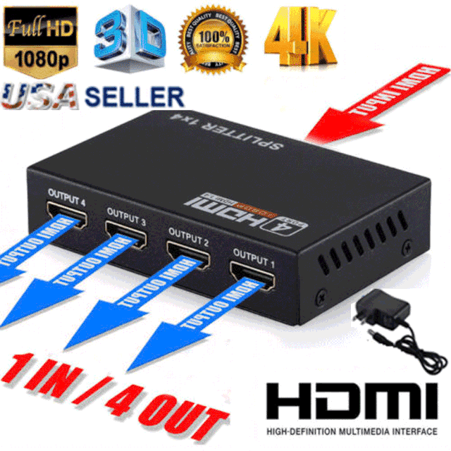 4K Full HD 1x4 Port HDMI Splitter Repeater Hub Amplifier Box 3D 1 input 4 output 
