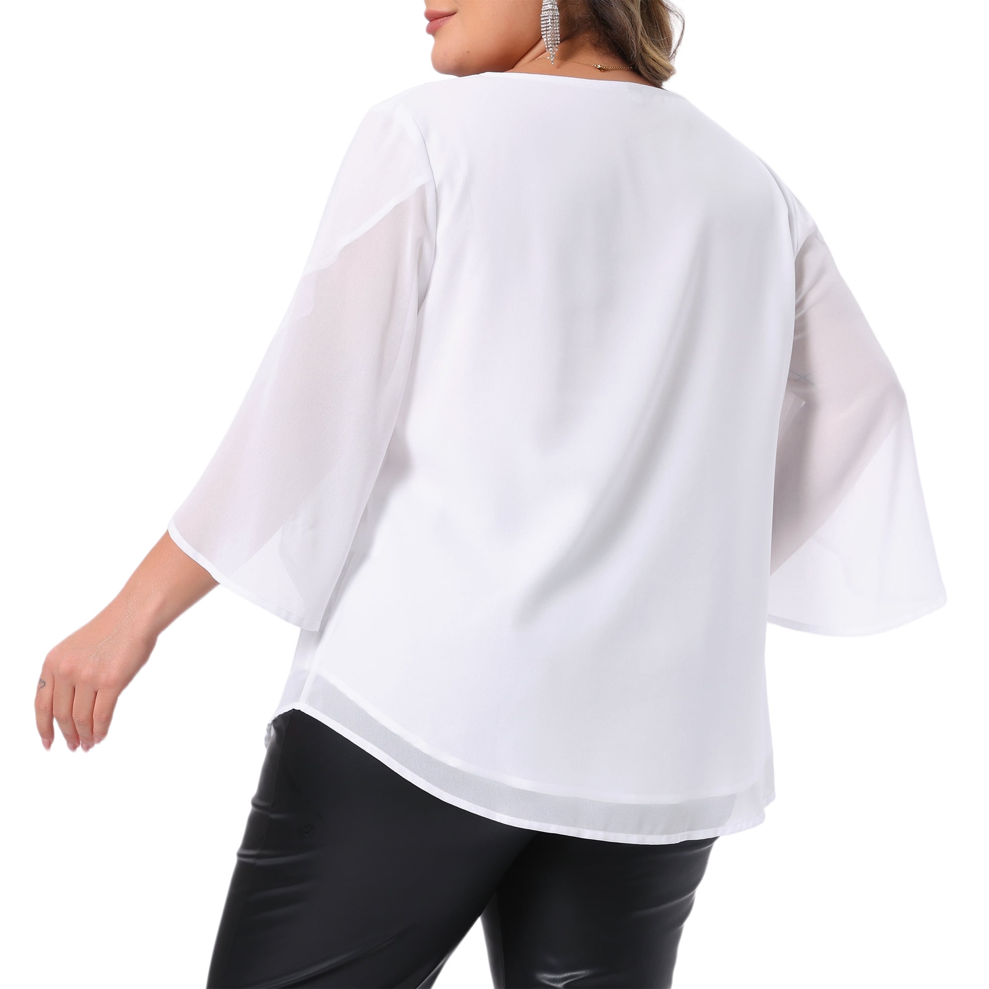 DARING DIVA Women's Plus Blouses with Flutter Petal Half Sleeve Chiffon Crew Neck 3X White