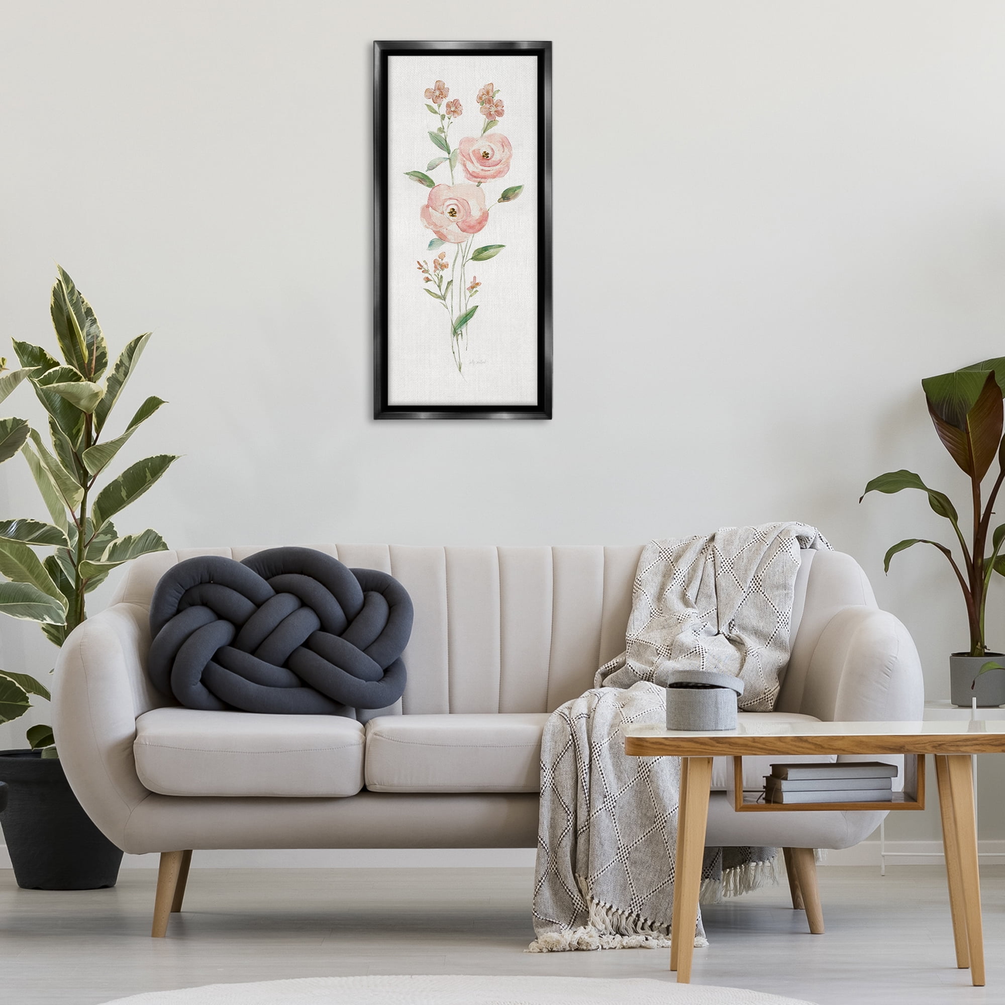 Stupell Industries Soft Rose Sprigs Botanical & Floral Painting Black Floater Framed Art Print Wall Art, 15 x 31