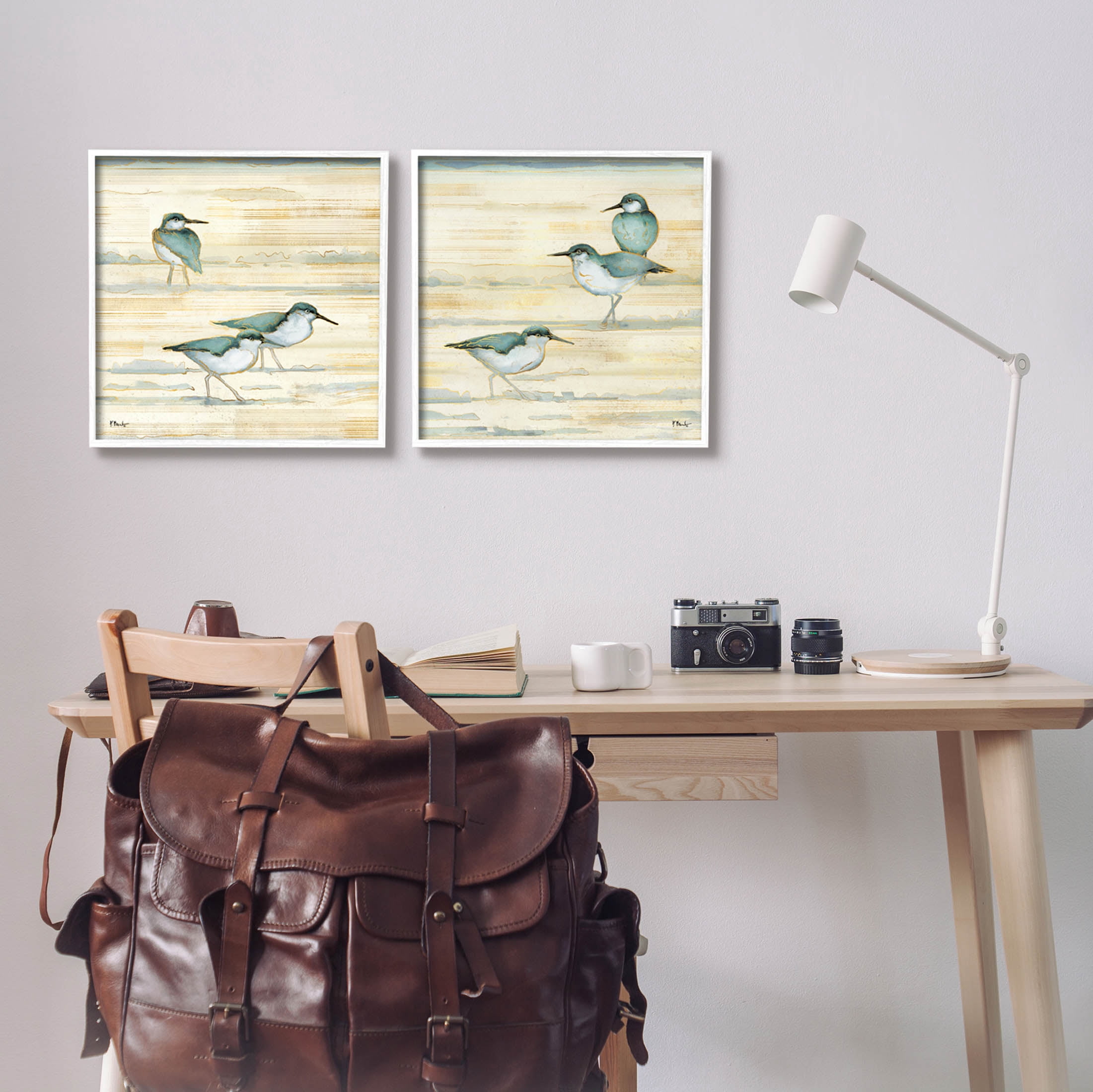 Stupell Industries Sandpipers Abstract Water Shoreline Painting White Framed Art Print Wall Art, Set of 2, Design by Paul Brent