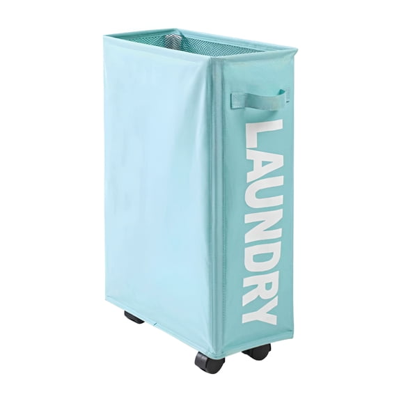 LAMIRO Slim Canvas Rolling Laundry Hamper,Light Blue