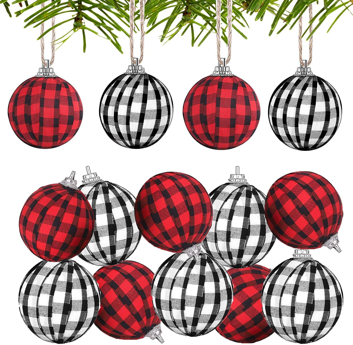 Christmas Buffalo Check Plaid Mittens Fabric Ornaments Black White 5" Set of 3 
