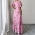 thumbnail image 3 of Womens Summer Dresses, Floral Chiffon Long Maxi Dress, Square Neck Puff Sleeve Ruched Waist Flowy Dress Pink XL, 3 of 6