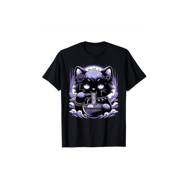 Camiseta de estética gótica pastel kawaii con gato espeluznante comiendo fideos ramen