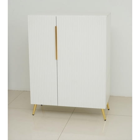 Modern White Sideboard Cabinet with Gold Accents for Kitchen & Dining Room - Durable Storage with Open Shelves and Compact Design