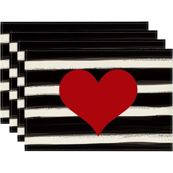 Stripes Love Heart Round Valentine Placemats Set of 4, 14 Inch Anniversary Wedding Round Table Mats for Dining Decoration