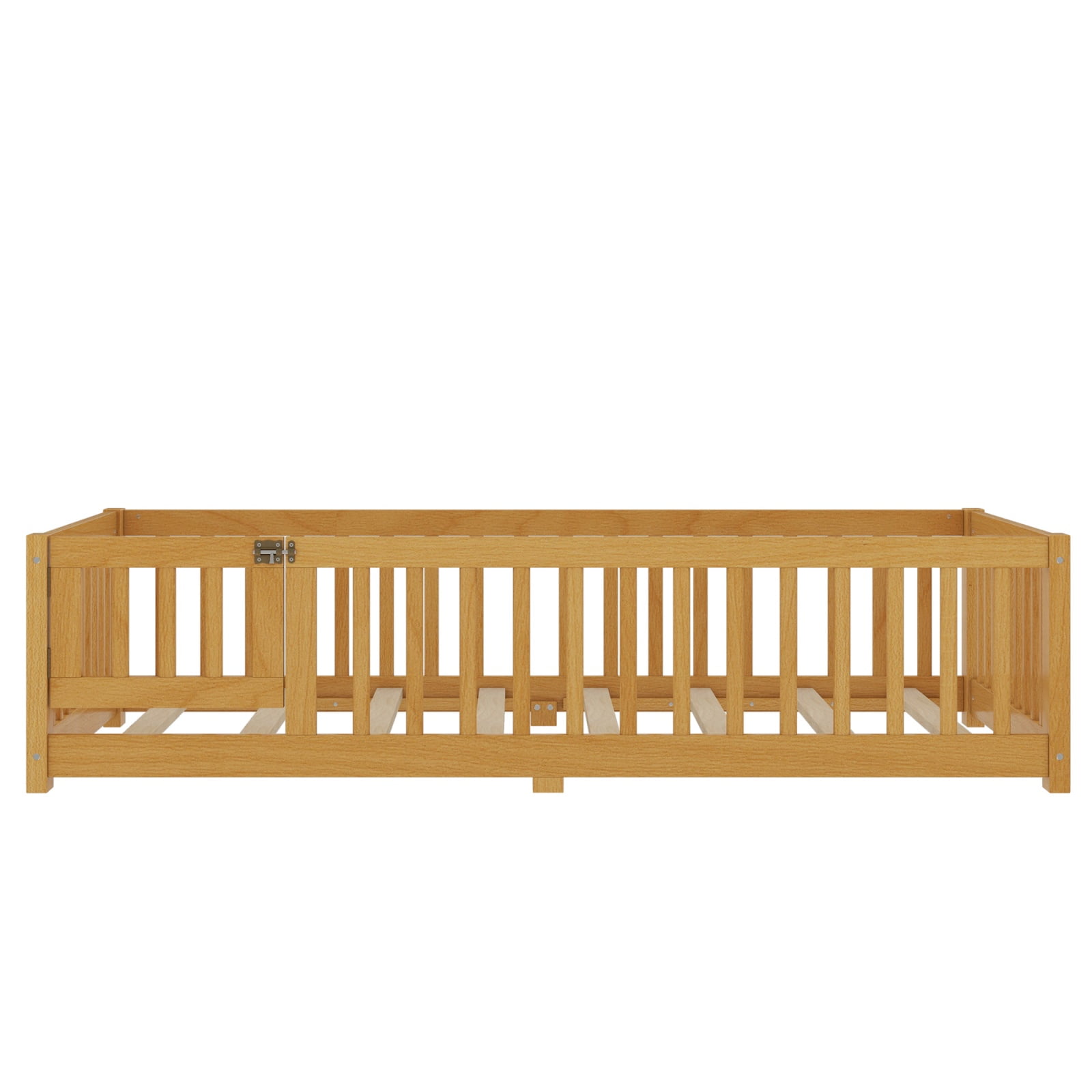 Twin Size Floor Bed with Safety Guardrails & Door, Low Profile Bed Frame, Montessori Style