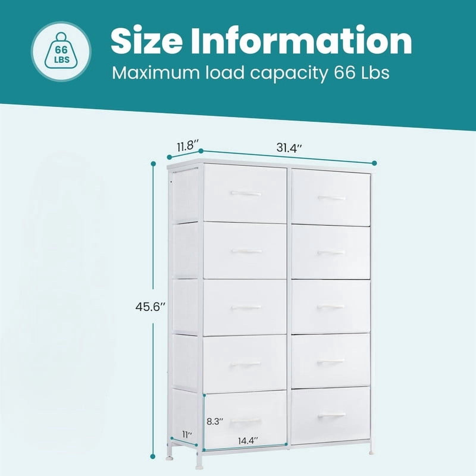 Kelno 10 Drawer Fabric Dresser Storage Tower Chest Organizer with Wood Top Steel Frame, White
