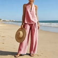 thumbnail image 5 of Karymi Workout Sets for Women 2 Piece Gingham Linen Blend Outfit Set, V Neck Sleeveless Loose Pullover Tank Top+Elastic High Waist Wide Leg Pants with Pockets Cute Tops for Women, 5 of 7