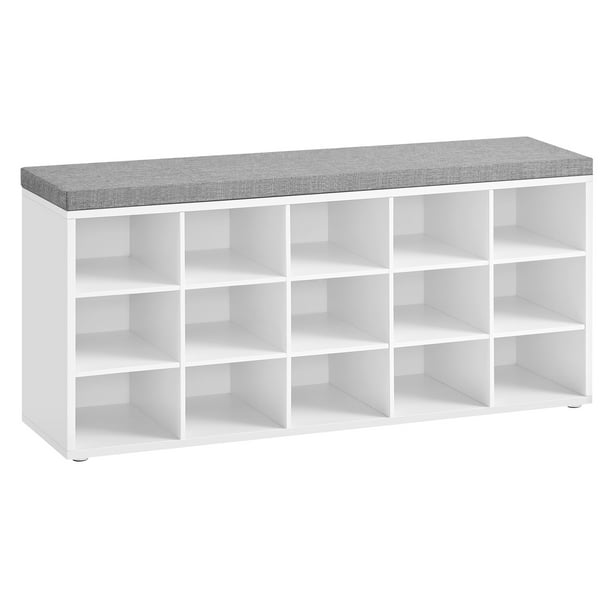 VASAGLE - Colección CUSTOS - Banco para zapatos, banco de almacenamiento con asiento acolchado, banco de entrada con 15 compartimentos, para dormitorio, 11.8 x 41.3 x 18.9 pulgadas, blanco nube y gris