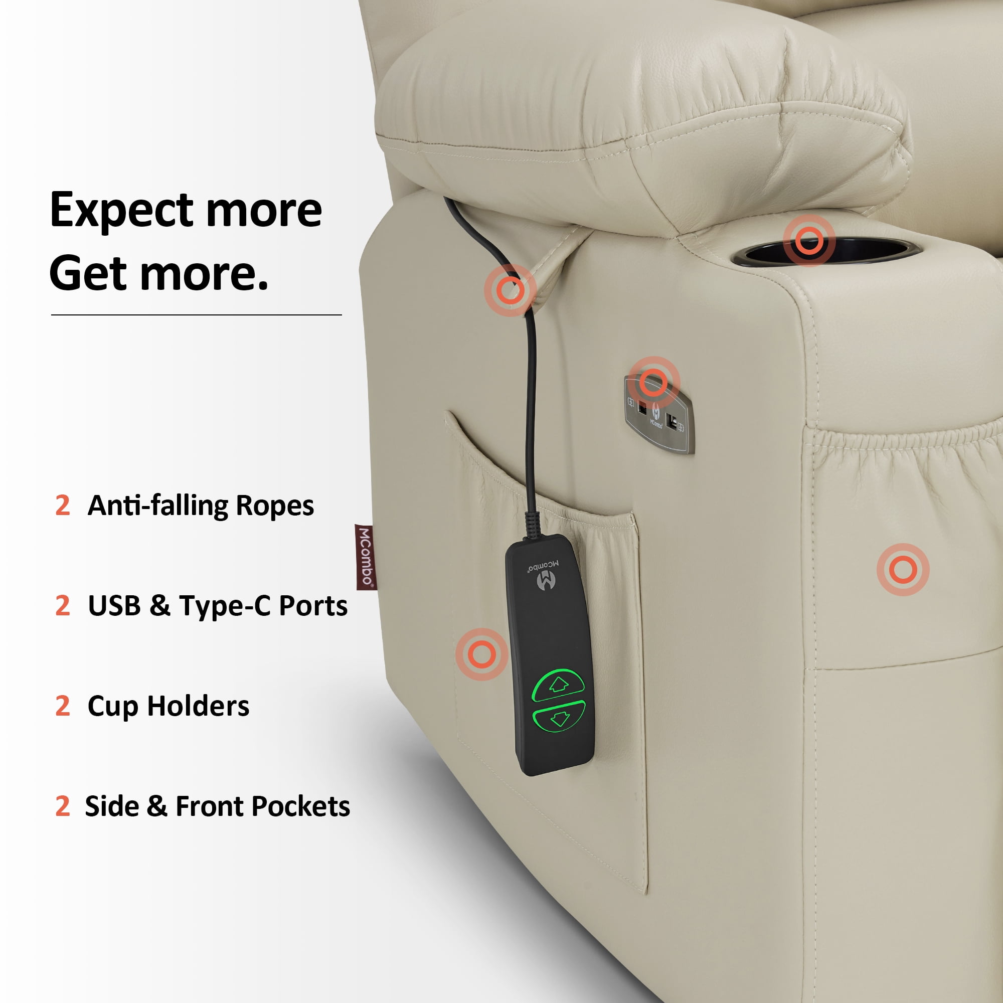 MCombo Power Lift Recliner Chair with Massage Heat, Extended Footrest, Faux Leather(Medium-Regular, Cream White)
