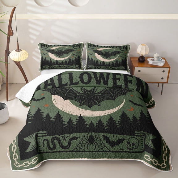 Homewish Halloween Bat Twin Quilt Set, Vintage Castle Twin Coverlet Set, Olive Green, 2pcs 1 Bedspread and 1 Pillowcase