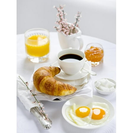Breakfast with Coffee, Croissant, Fried Egg, Jam and Orange Juice Print Wall Art By Ira