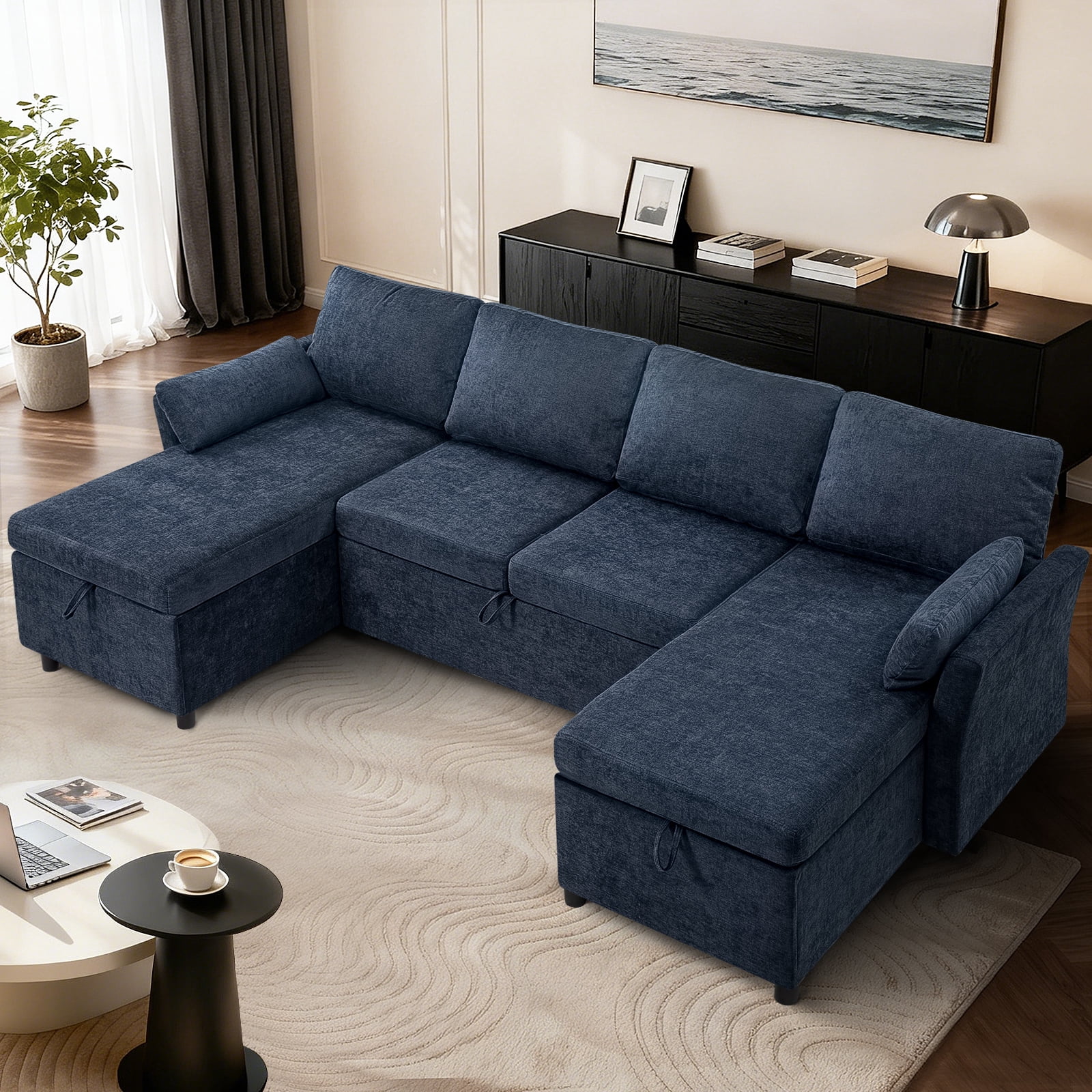 ACMEASE 107 Inches Fabric Sectional Sofa with Pull Out Sofa Bed, Modern U Shaped Sofa with Throw Pillows, Comfortable Sleeper Couch with Storage Chaise for Living Room, Blue