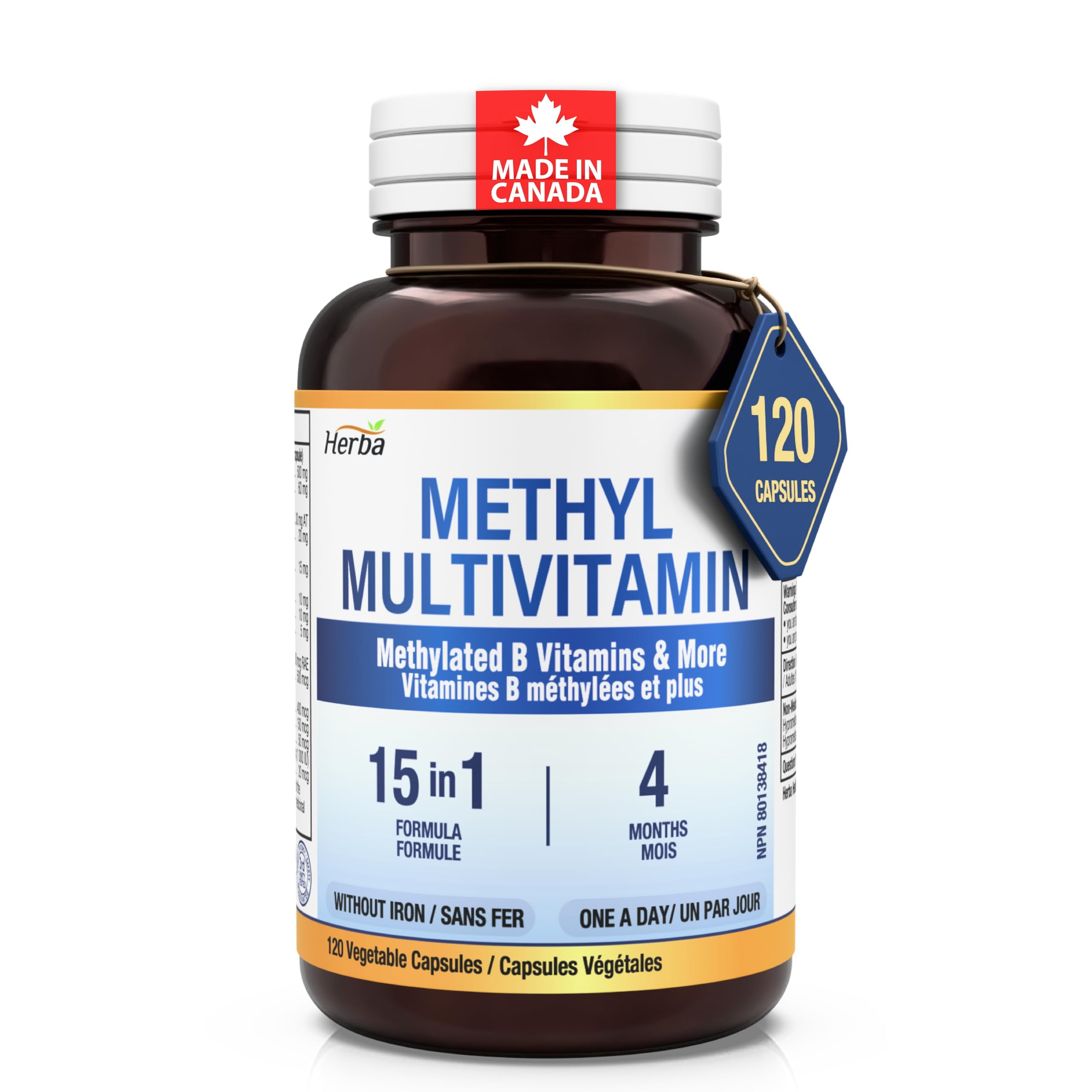 Herba Herba Methylated Multivitamin with 500mg TMG & Methylated B Complex - 120 Capsules | 15 in 1 Formula | Made in Canada