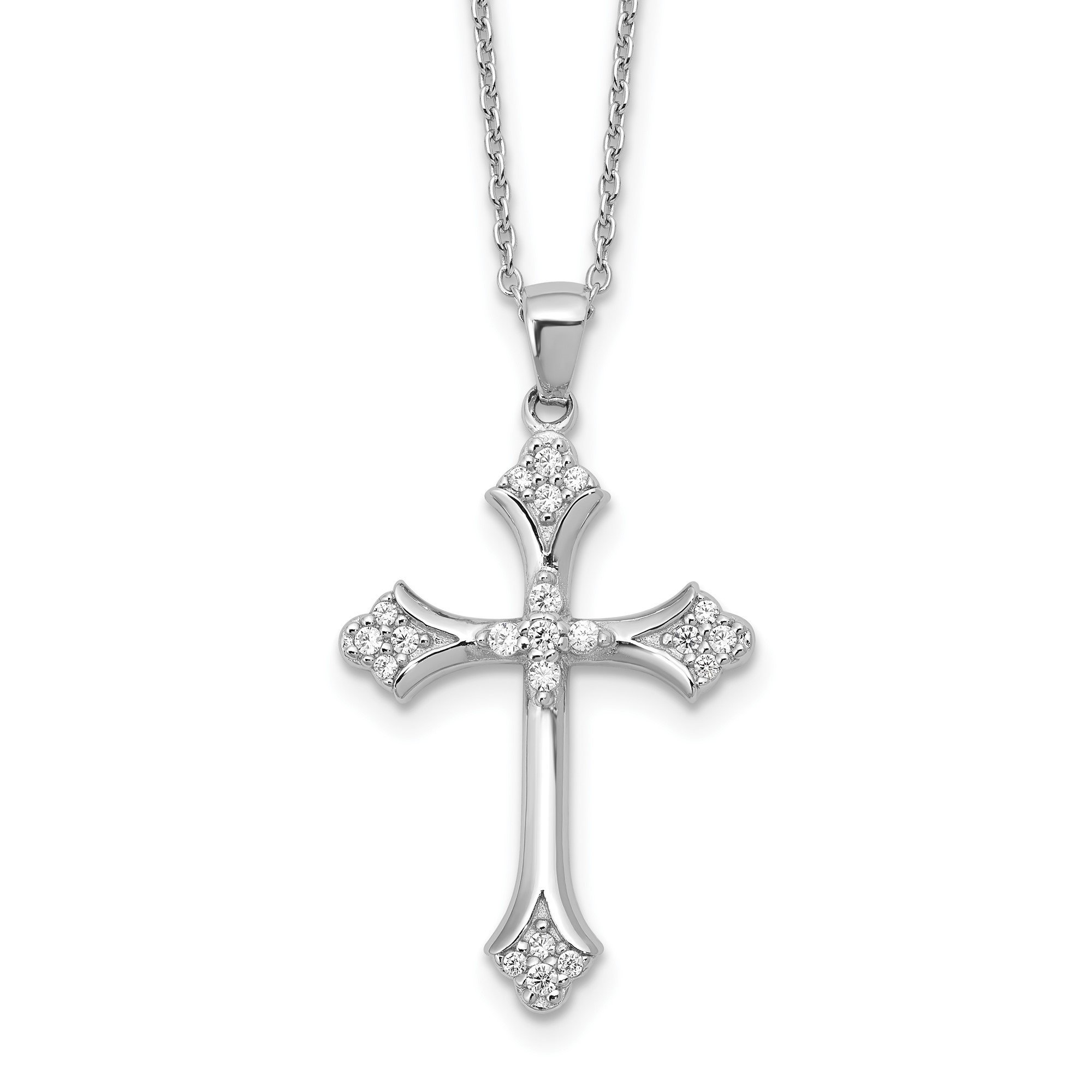 Sterling Silver Cross Pendant Necklace for Men and Women with CZ Charm White Gold Finish Modern Religious Jewelry 20 Inch Minimalist Layered Accessory with Extender Chain