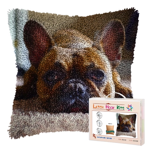 Cute Brown French Bulldog Prostrate DIY Latch Hook Pillow Kits for Adults Printed Pillowcase Crochet Yarns Hooking Handmade Pillow Cover Cushion for Home Sofa Decoration 17x17inch
