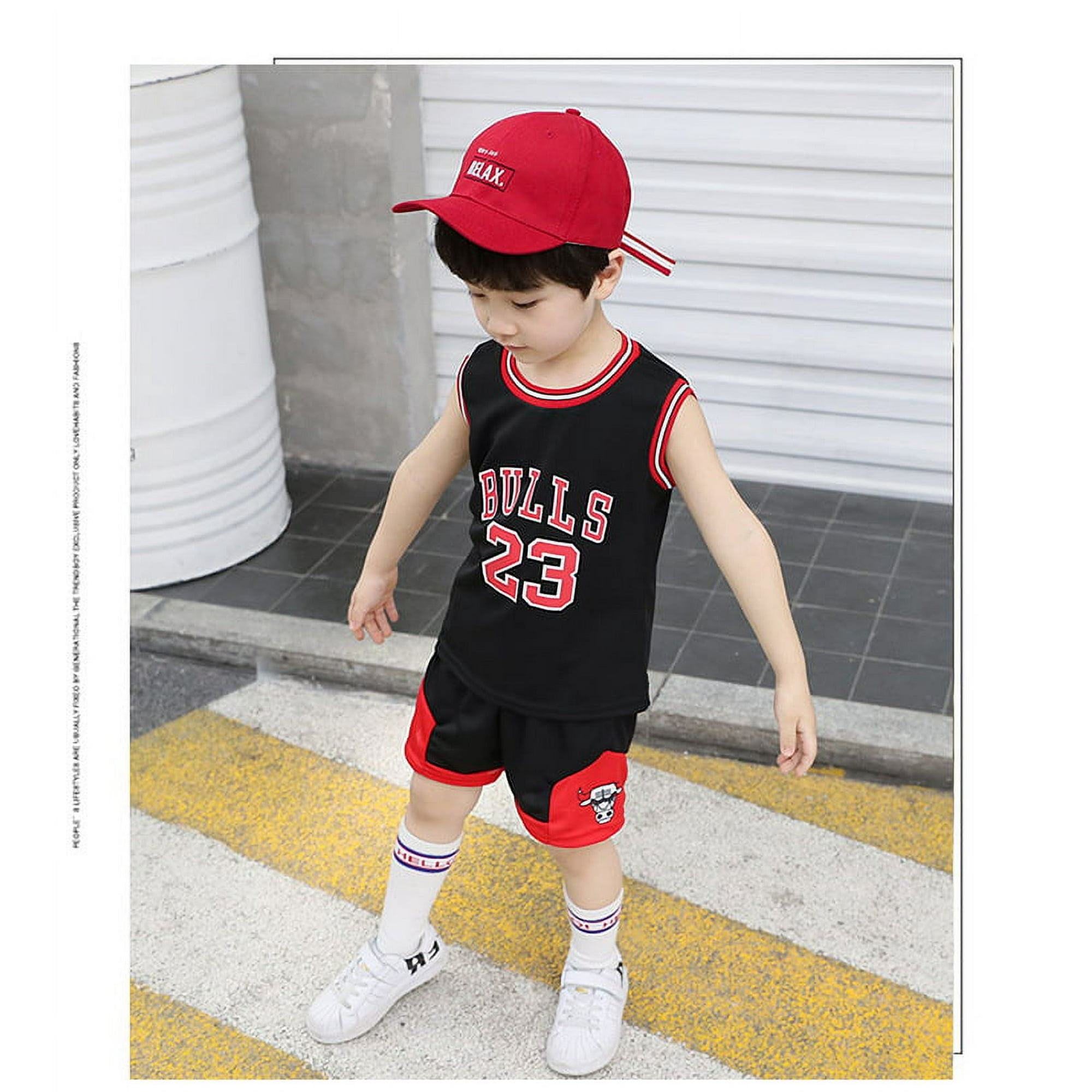 Toddler Kids Basketball Jersey Set Baby Boys Girls Letter Vest Sports Shorts Set Boys Summer Clothes No. 23 black Bandana Socks Wristband 150cm Walmart