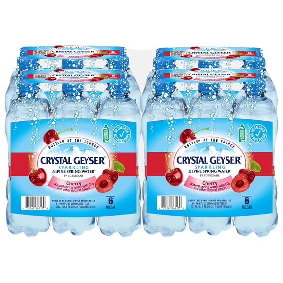 Crystal Geyser Sparkling Cherry Alpine Natural Spring Water, 24-Pack, 16.9oz Bottles, Zero Calories and No Sweeteners, Naturally Flavored, Bottled at The Source