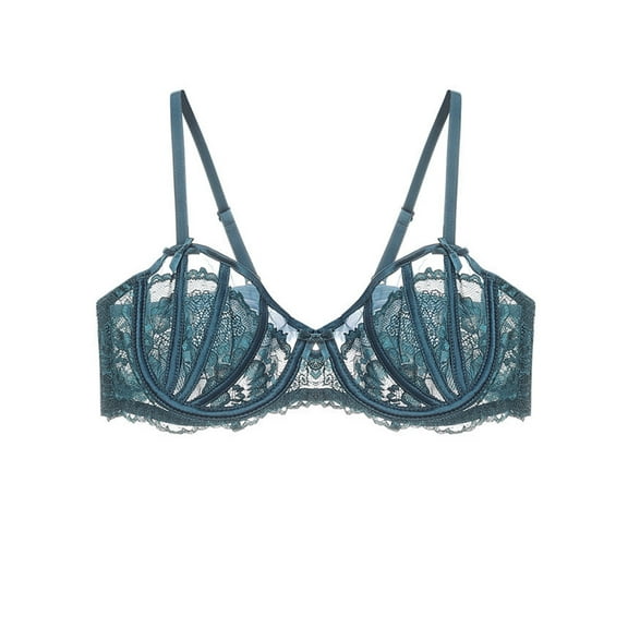 Women's Sexy Lace Bra Underwire Balconette Unlined Demi Sheer Plus Size（Green,42C)