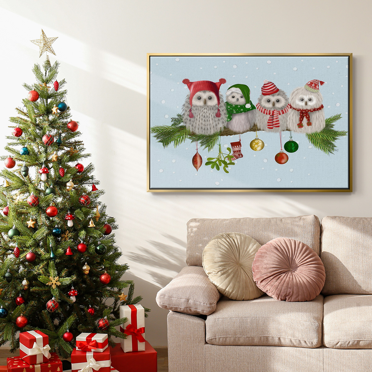 Christmas Fluffy Christmas Owls on Branch - Framed Gallery Wrapped Holiday Canvas - 27 x 41 - Gold Frame