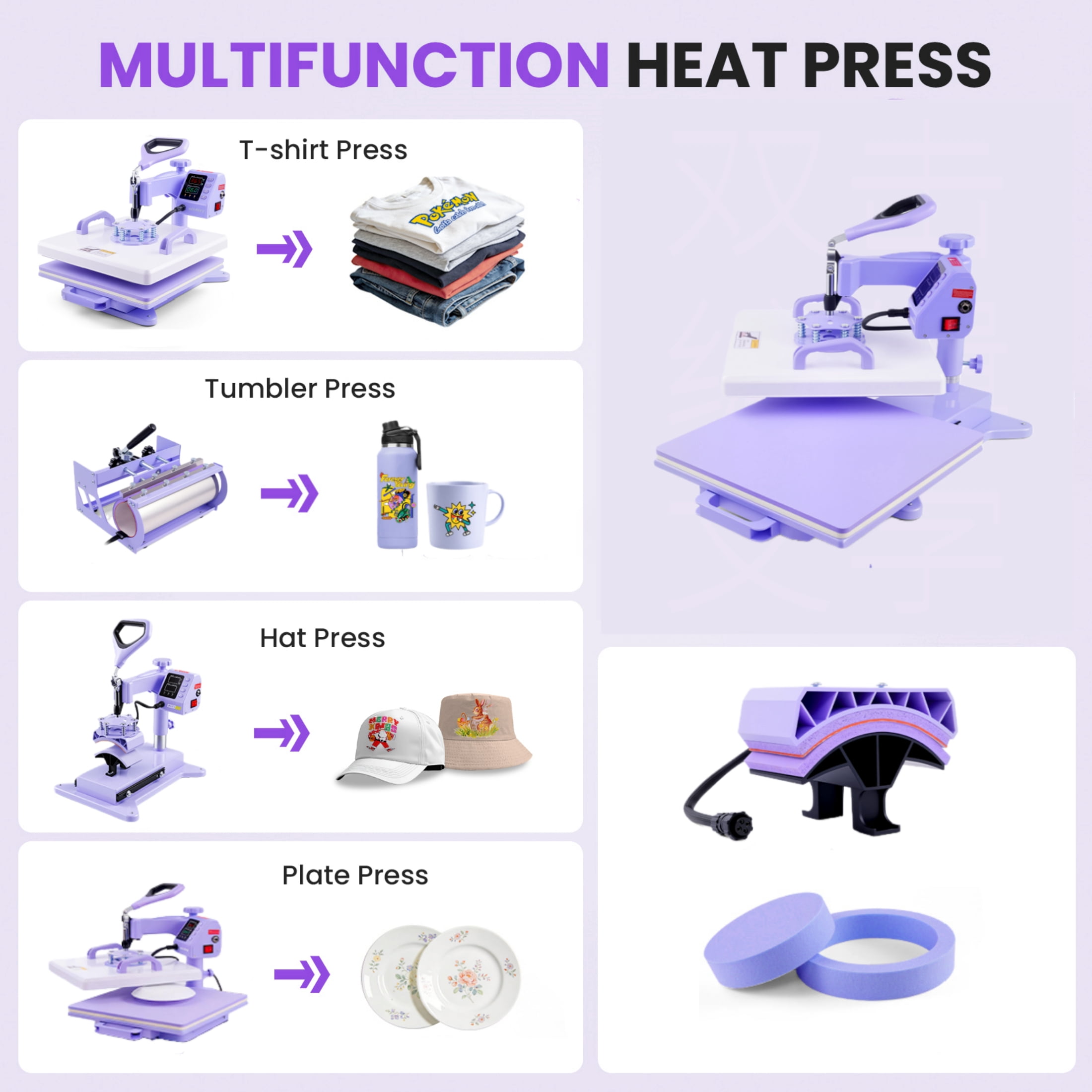 Adnoom Heat Press 15x15, 5 in 1 Multifunctional Shirt Press Machine Combo, 360° Swing Away Heat Transfer Sublimation with LED Display for T-shirts Mugs Hat Plate Cap, Purple